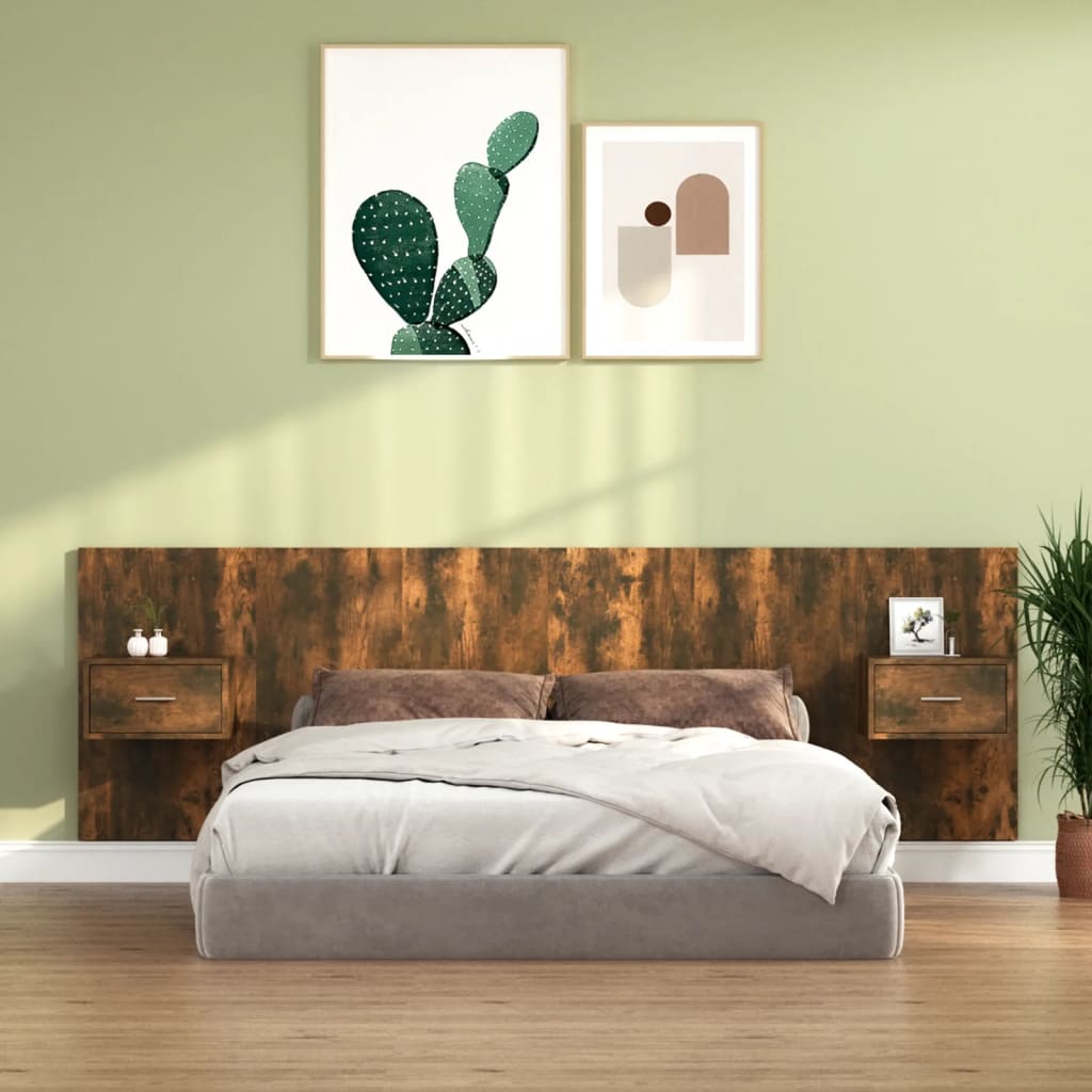 Hoofdbord met kastjes bewerkt hout gerookt eikenkleurig is nu te koop bij PeponiXL, paradijselijk wonen!