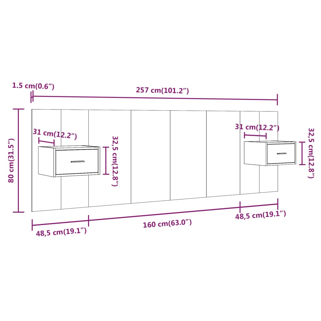 Hoofdbord met kastjes bewerkt hout grijs sonoma eikenkleurig is nu te koop bij PeponiXL, paradijselijk wonen!
