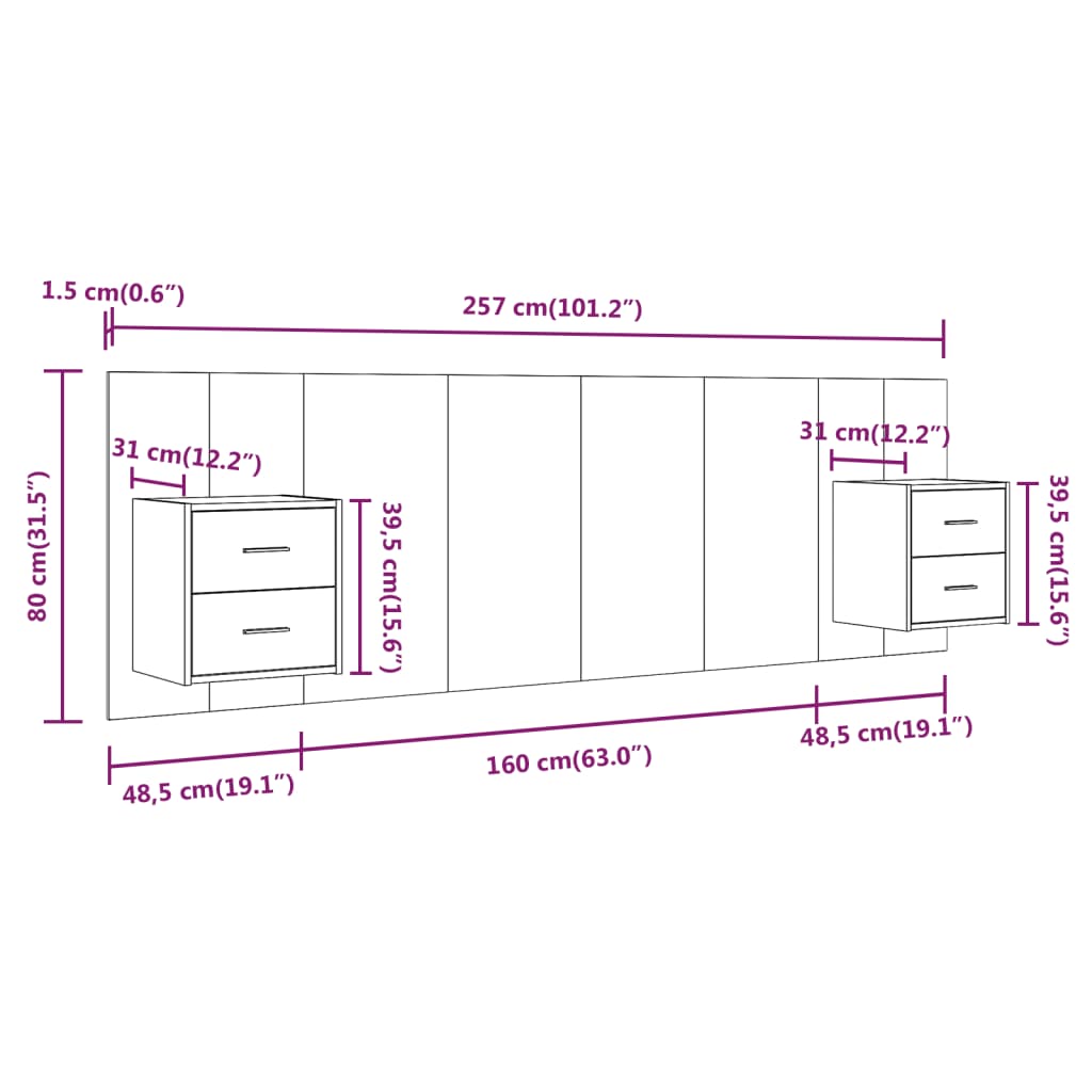Hoofdbord met kastjes bewerkt hout sonoma eikenkleurig is nu te koop bij PeponiXL, paradijselijk wonen!