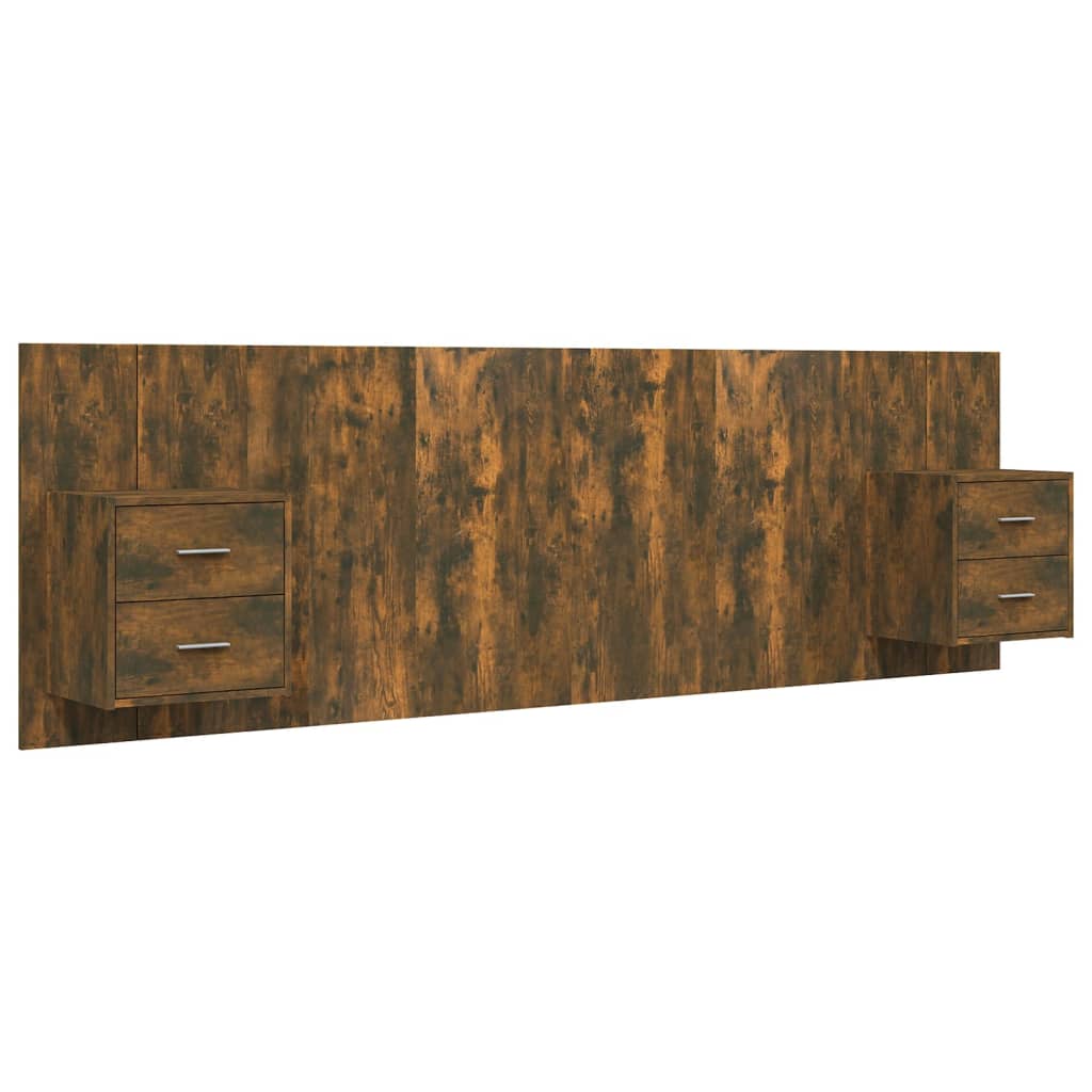 Hoofdbord met kastjes bewerkt hout gerookt eikenkleurig is nu te koop bij PeponiXL, paradijselijk wonen!