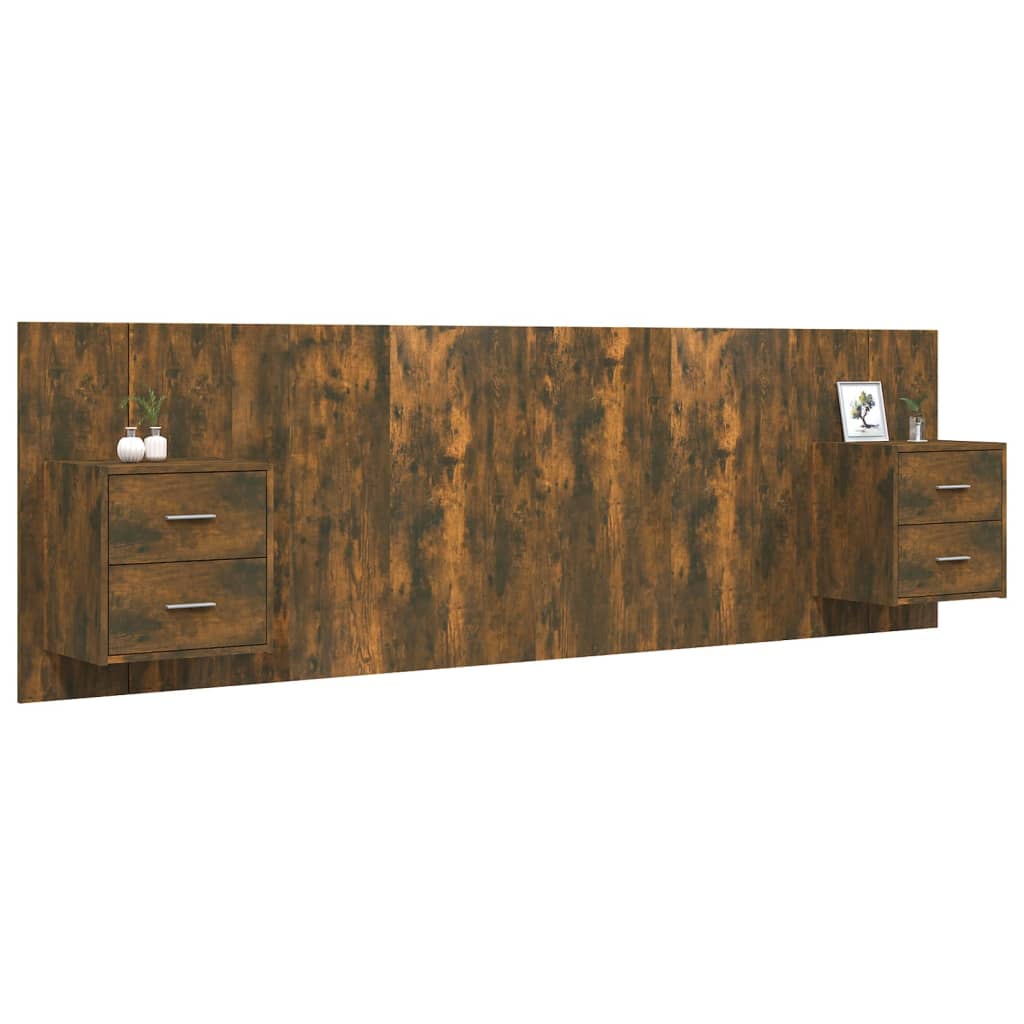 Hoofdbord met kastjes bewerkt hout gerookt eikenkleurig is nu te koop bij PeponiXL, paradijselijk wonen!
