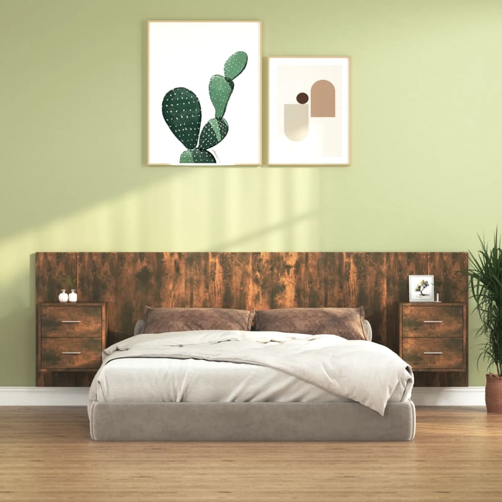 Hoofdbord met kastjes bewerkt hout gerookt eikenkleurig is nu te koop bij PeponiXL, paradijselijk wonen!