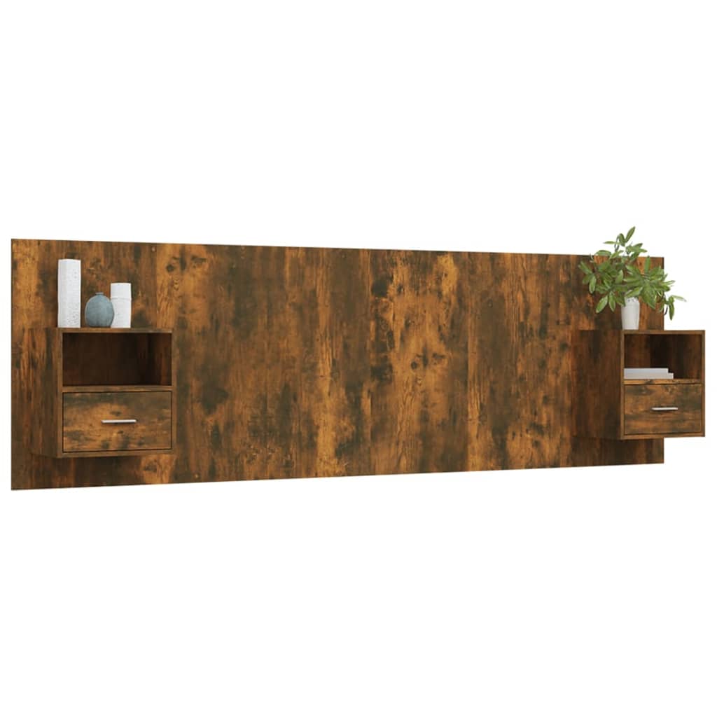Hoofdbord met kastjes bewerkt hout gerookt eikenkleurig is nu te koop bij PeponiXL, paradijselijk wonen!