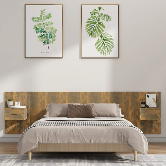 Hoofdbord met kastjes bewerkt hout gerookt eikenkleurig is nu te koop bij PeponiXL, paradijselijk wonen!
