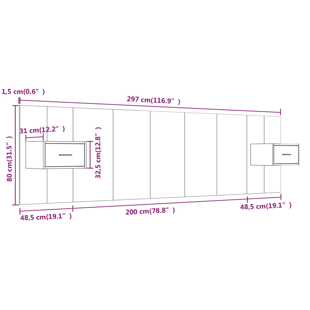 Hoofdbord met kastjes bewerkt hout grijs sonoma eikenkleurig is nu te koop bij PeponiXL, paradijselijk wonen!