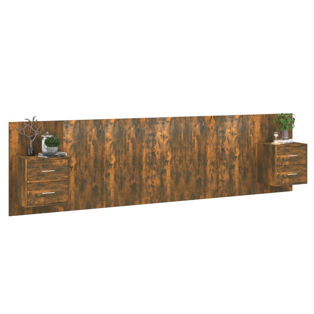 Hoofdbord met kastjes bewerkt hout gerookt eikenkleurig is nu te koop bij PeponiXL, paradijselijk wonen!
