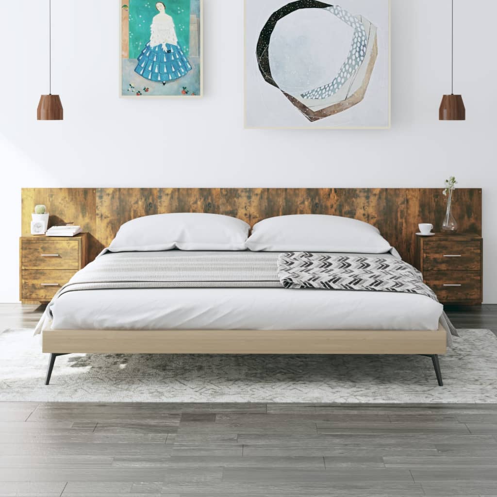 Hoofdbord met kastjes bewerkt hout gerookt eikenkleurig is nu te koop bij PeponiXL, paradijselijk wonen!