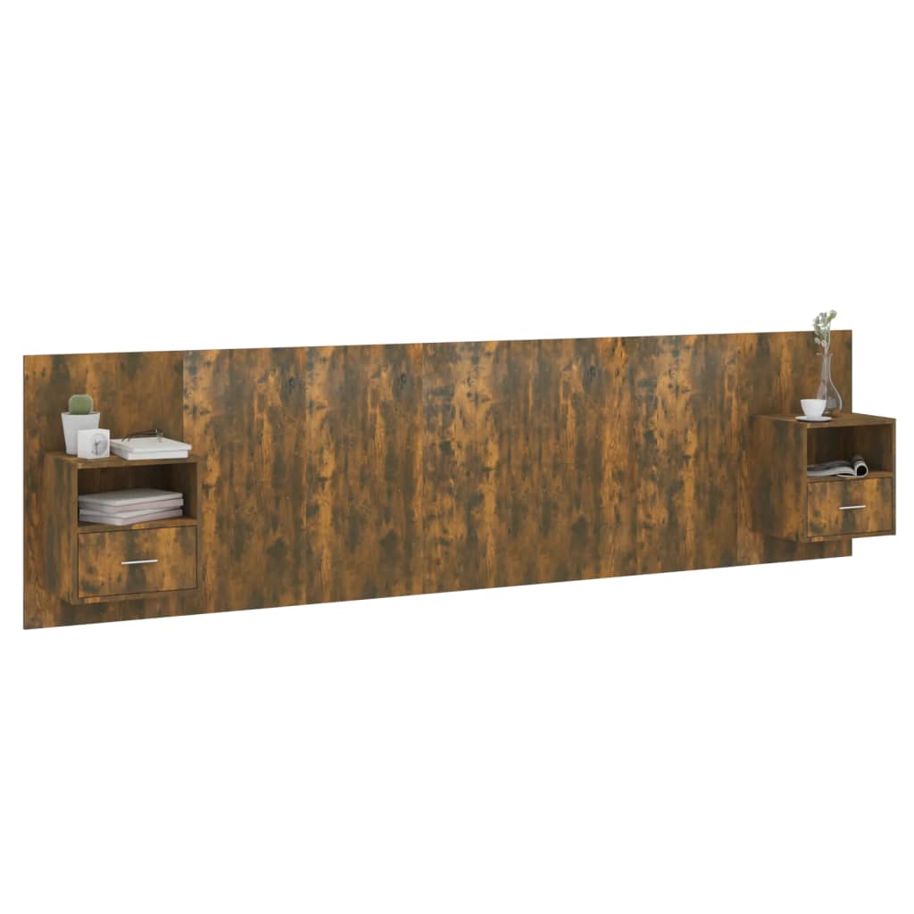 Hoofdbord met kastjes bewerkt hout gerookt eikenkleurig is nu te koop bij PeponiXL, paradijselijk wonen!