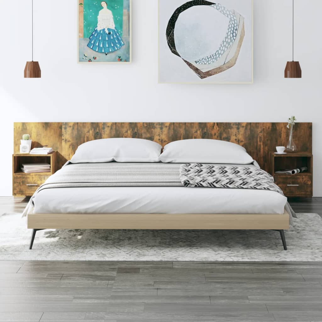 Hoofdbord met kastjes bewerkt hout gerookt eikenkleurig is nu te koop bij PeponiXL, paradijselijk wonen!
