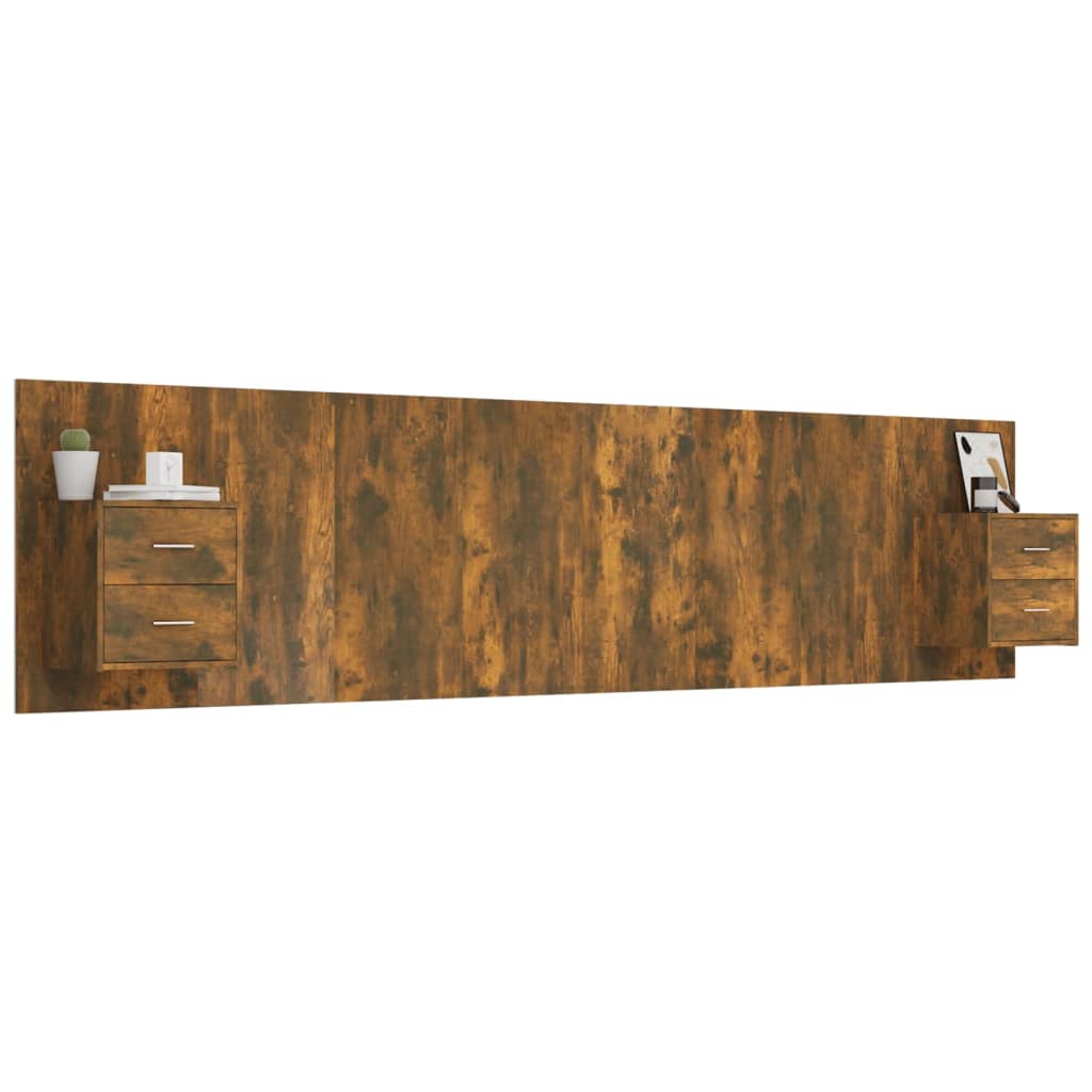 Hoofdbord met kastjes bewerkt hout gerookt eikenkleurig is nu te koop bij PeponiXL, paradijselijk wonen!