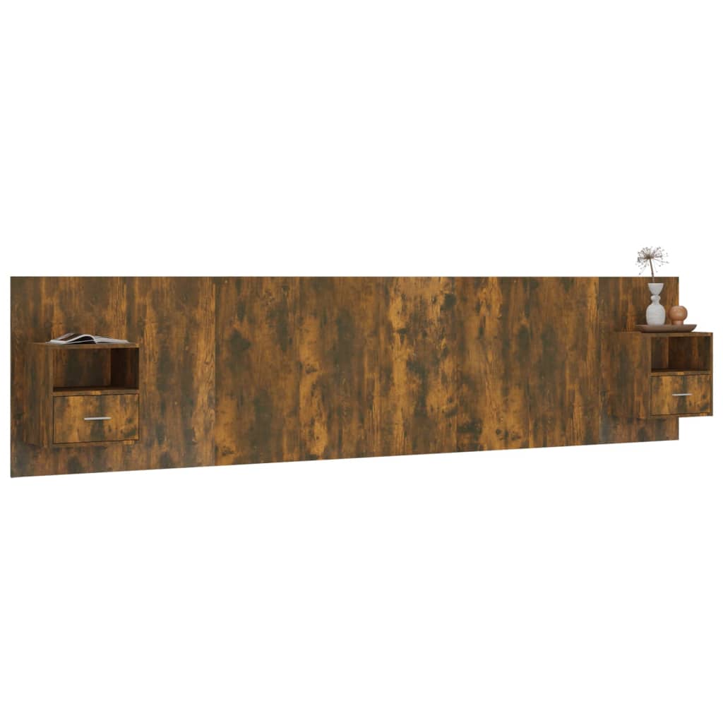 Hoofdbord met kastjes bewerkt hout gerookt eikenkleurig is nu te koop bij PeponiXL, paradijselijk wonen!