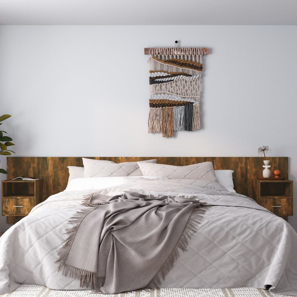 Hoofdbord met kastjes bewerkt hout gerookt eikenkleurig is nu te koop bij PeponiXL, paradijselijk wonen!
