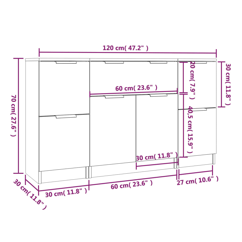 Dressoirs 3 st bewerkt hout grijs sonoma eikenkleurig is nu te koop bij PeponiXL, paradijselijk wonen!