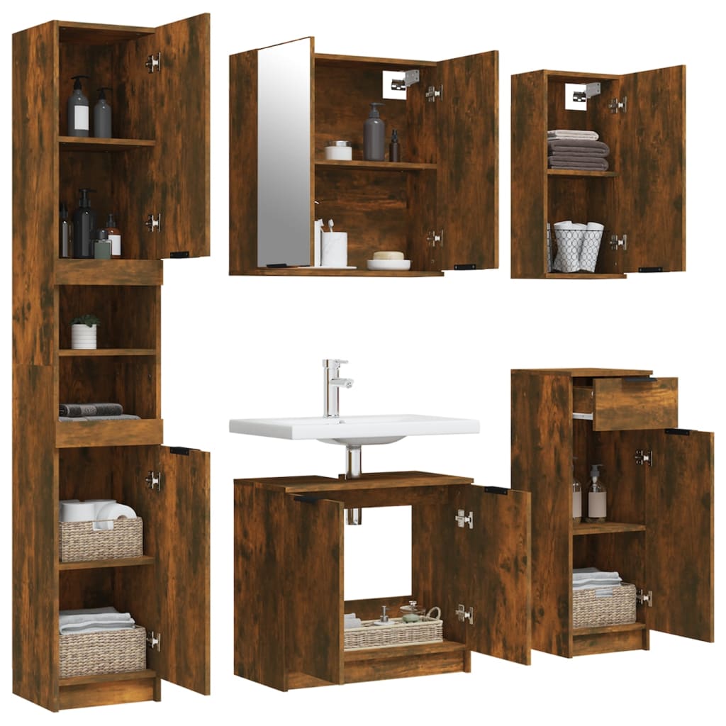 5-delige Badkamerkastenset bewerkt hout gerookt eikenkleurig is nu te koop bij PeponiXL, paradijselijk wonen!