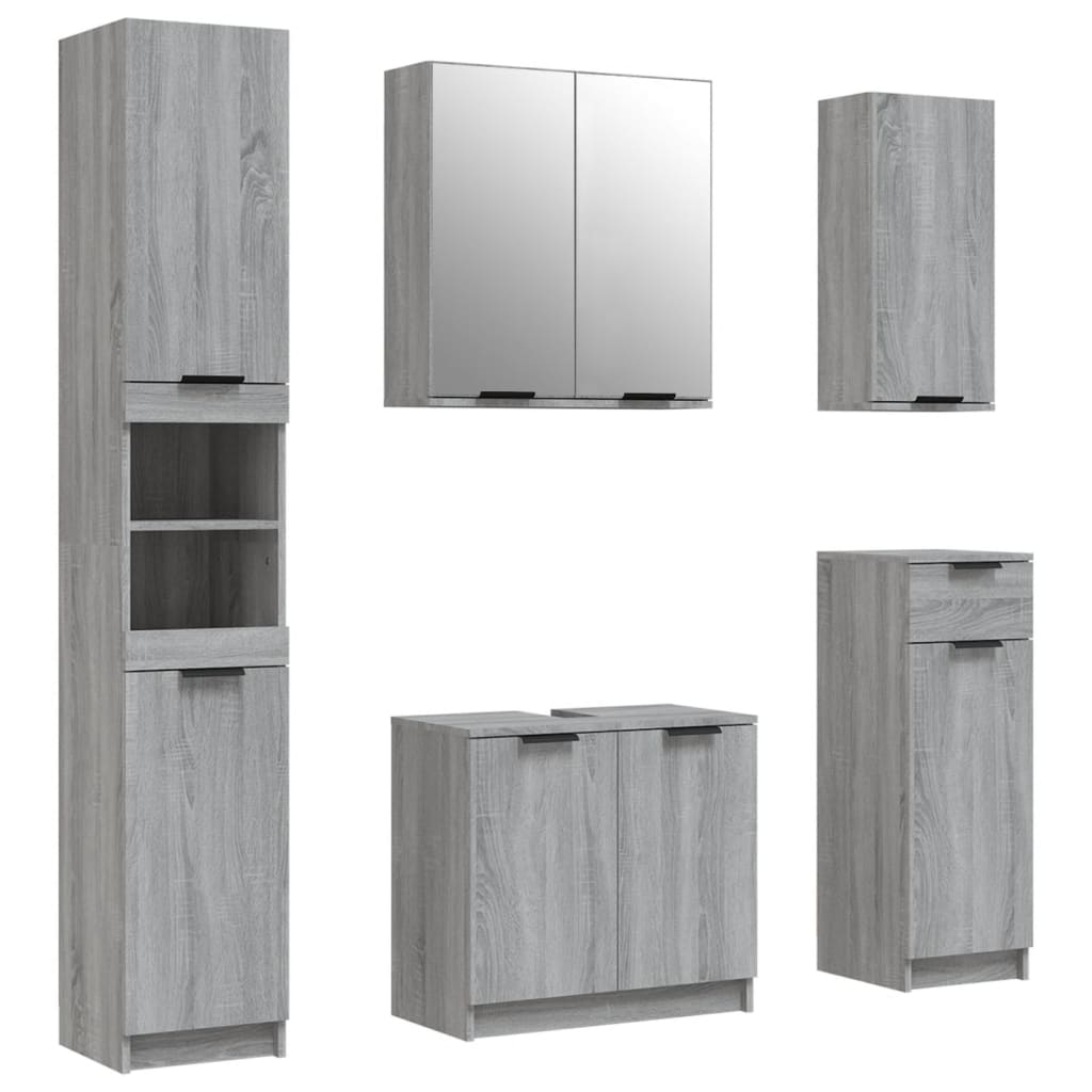 5-delige Badkamerkastenset bewerkt hout grijs sonoma eikenkleur is nu te koop bij PeponiXL, paradijselijk wonen!