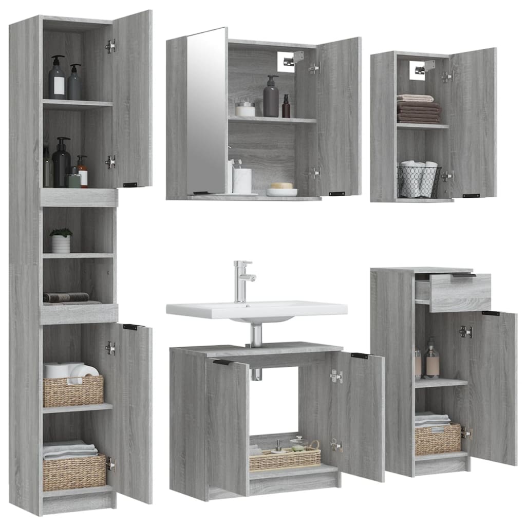 5-delige Badkamerkastenset bewerkt hout grijs sonoma eikenkleur is nu te koop bij PeponiXL, paradijselijk wonen!