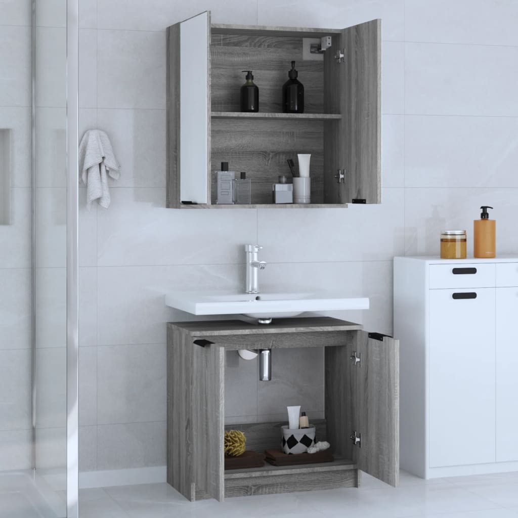 2-delige Badkamermeubelset bewerkt hout grijs sonoma eikenkleur is nu te koop bij PeponiXL, paradijselijk wonen!