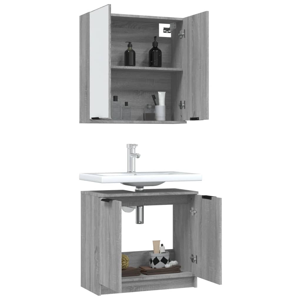 2-delige Badkamermeubelset bewerkt hout grijs sonoma eikenkleur is nu te koop bij PeponiXL, paradijselijk wonen!