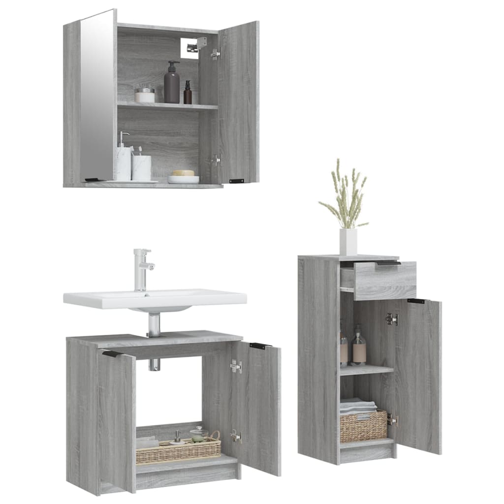 3-delige Badkamermeubelset bewerkt hout grijs sonoma eikenkleur is nu te koop bij PeponiXL, paradijselijk wonen!