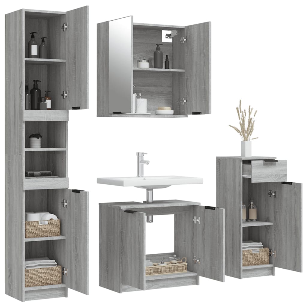 4-delige Badkamermeubelset bewerkt hout grijs sonoma eikenkleur is nu te koop bij PeponiXL, paradijselijk wonen!