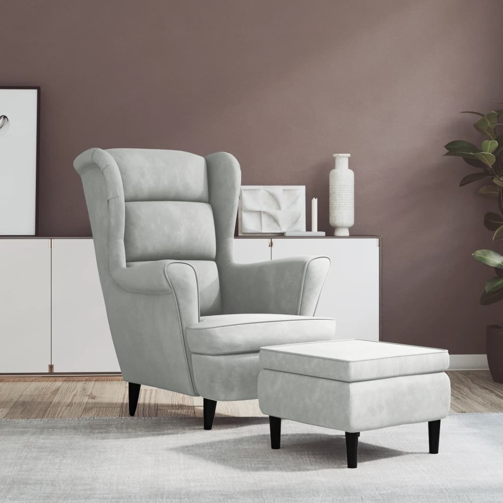 Fauteuil met voetenbank fluweel lichtgrijs is nu te koop bij PeponiXL, paradijselijk wonen!