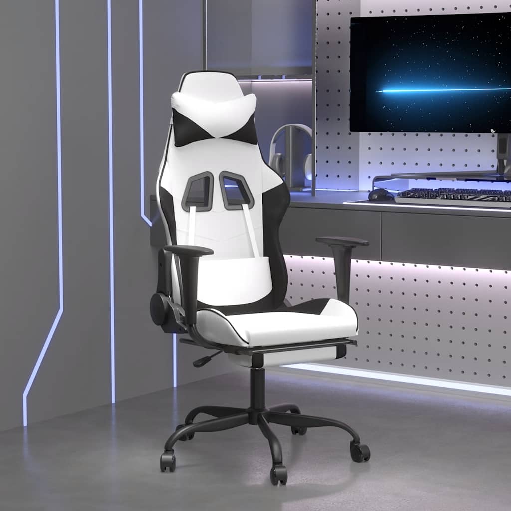 Massage gamestoel met voetensteun kunstleer zwart en wit is nu te koop bij PeponiXL, paradijselijk wonen!