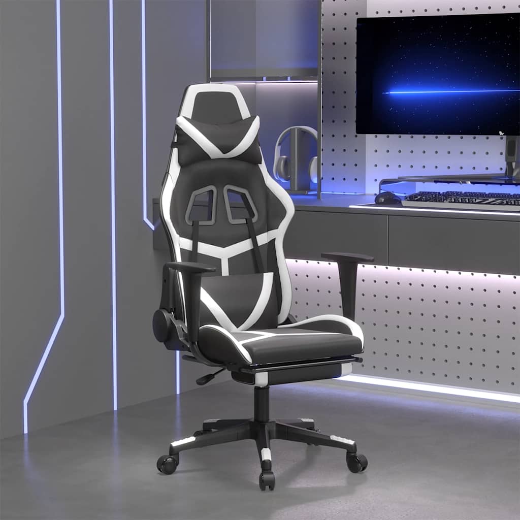 Massage gamestoel met voetensteun kunstleer zwart en wit is nu te koop bij PeponiXL, paradijselijk wonen!