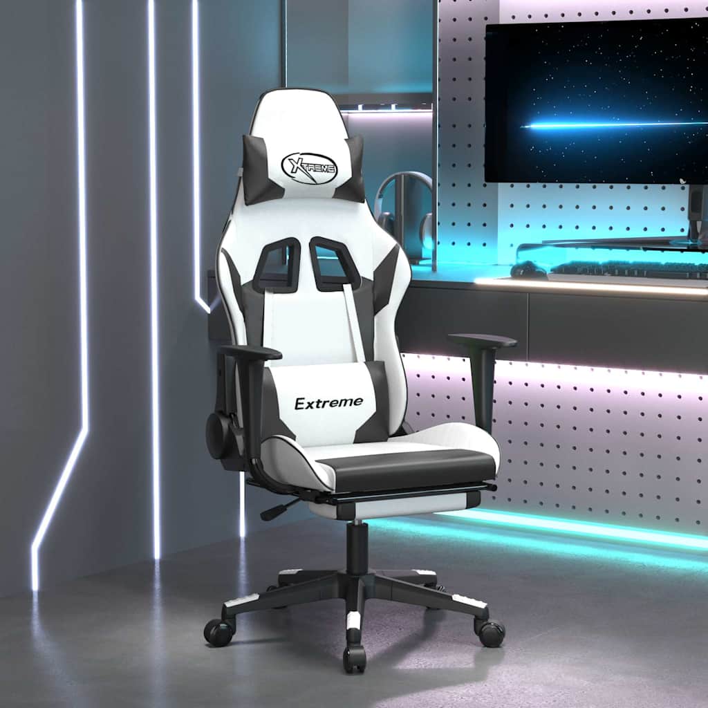 Massage gamestoel met voetensteun kunstleer wit en zwart is nu te koop bij PeponiXL, paradijselijk wonen!