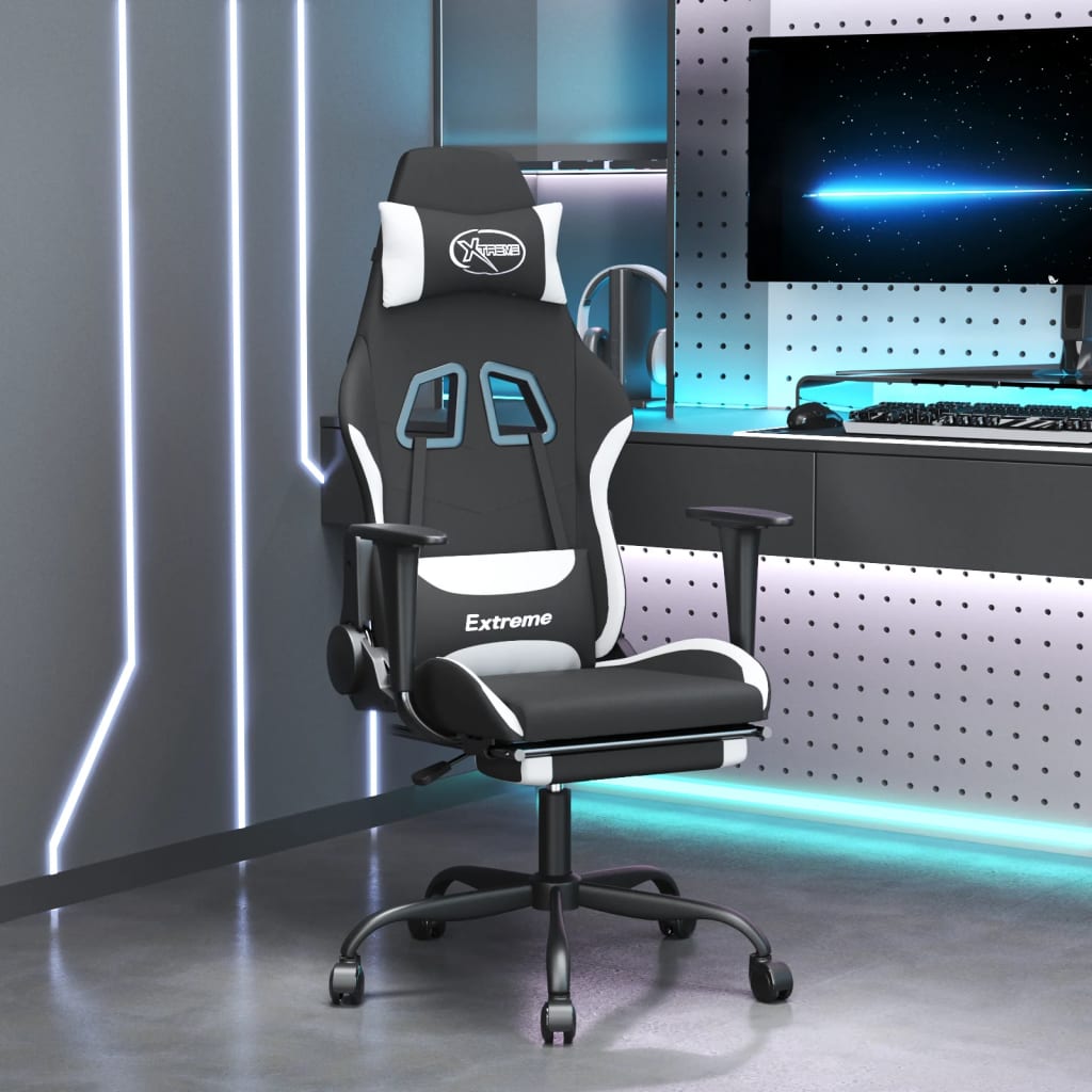 Massage gamestoel met voetensteun stof zwart en wit is nu te koop bij PeponiXL, paradijselijk wonen!