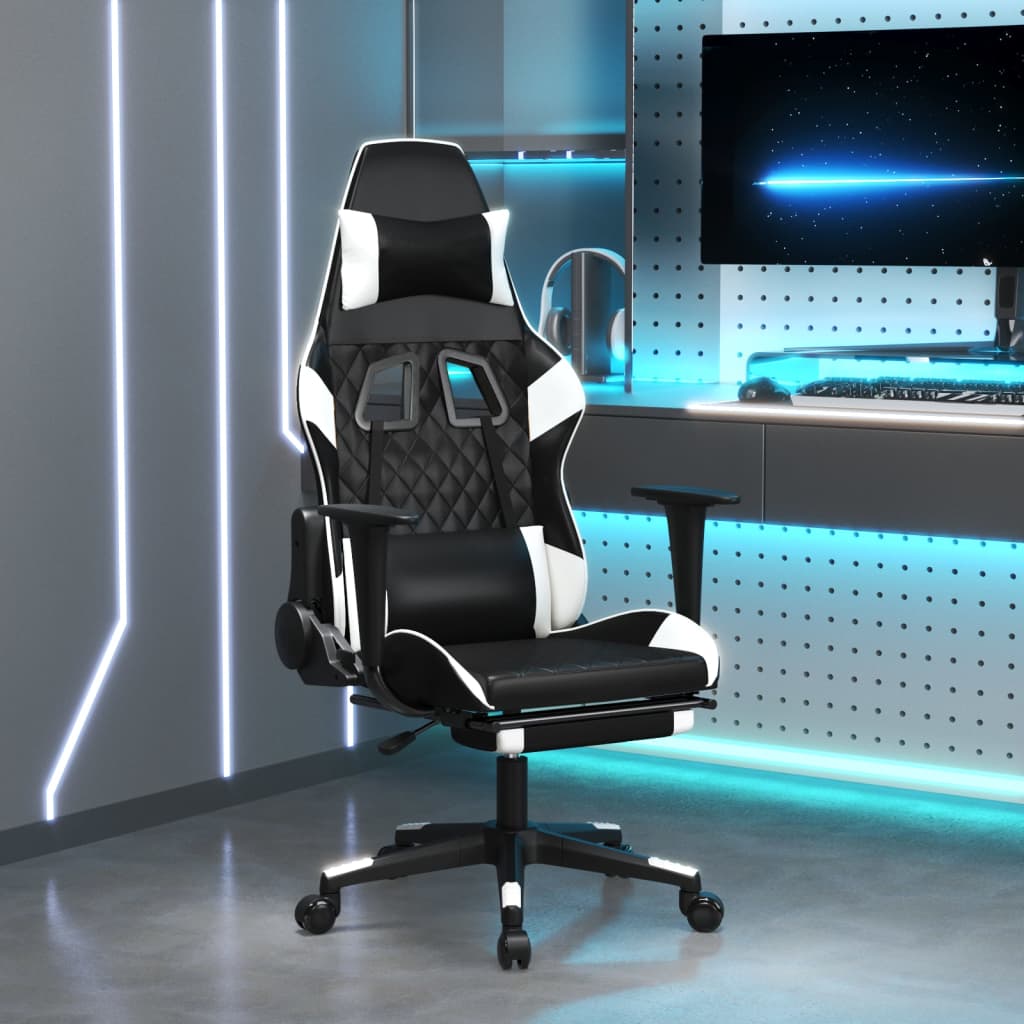 Massage gamestoel met voetensteun kunstleer zwart en wit is nu te koop bij PeponiXL, paradijselijk wonen!
