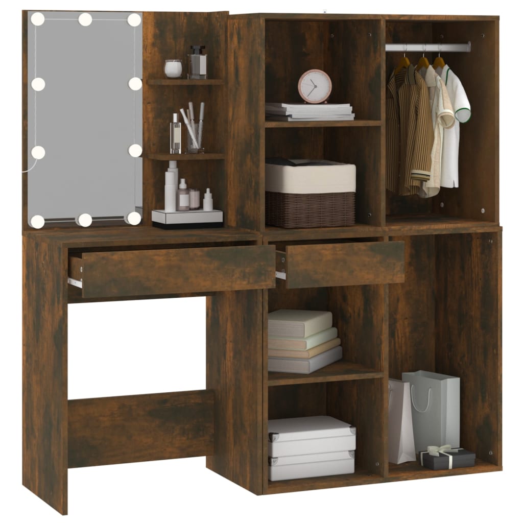 Kaptafel met kastjes en LED's bewerkt hout gerookt eikenkleurig is nu te koop bij PeponiXL, paradijselijk wonen!