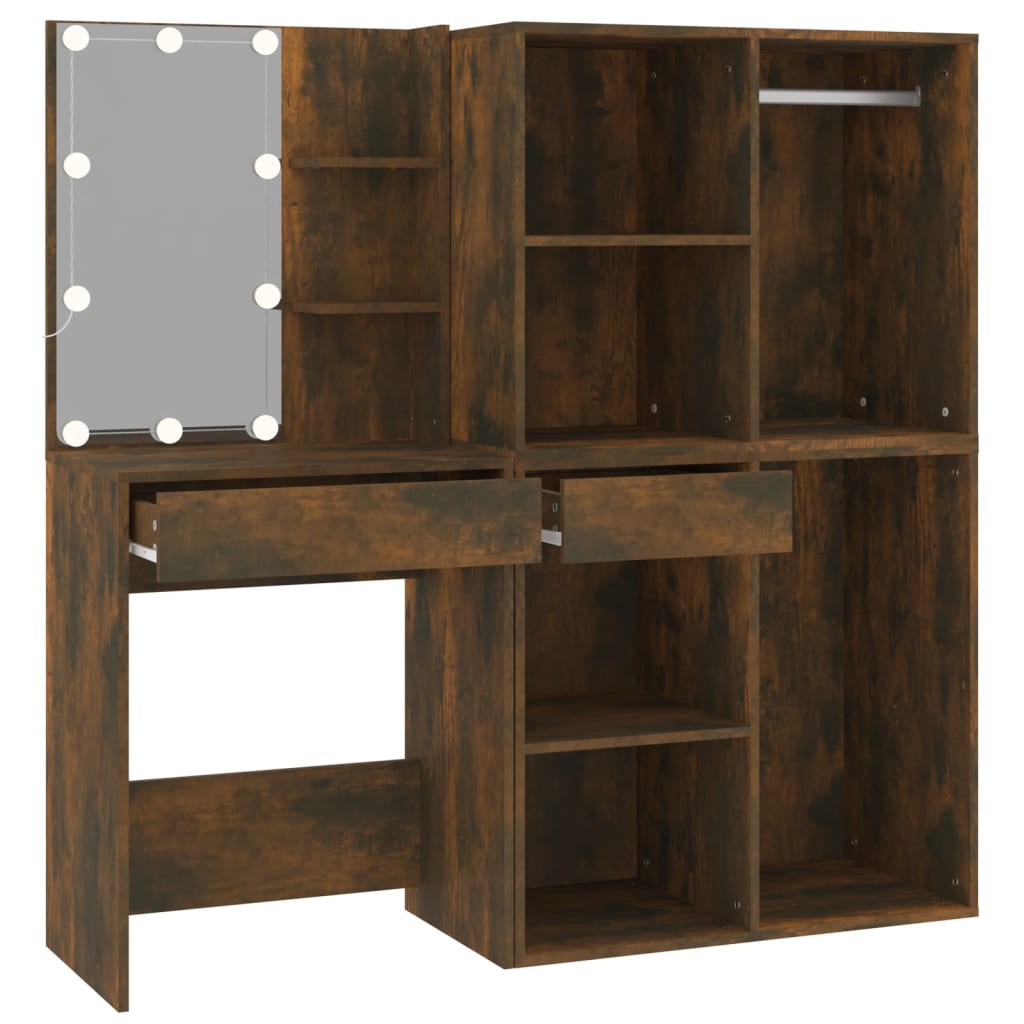 Kaptafel met kastjes en LED's bewerkt hout gerookt eikenkleurig is nu te koop bij PeponiXL, paradijselijk wonen!