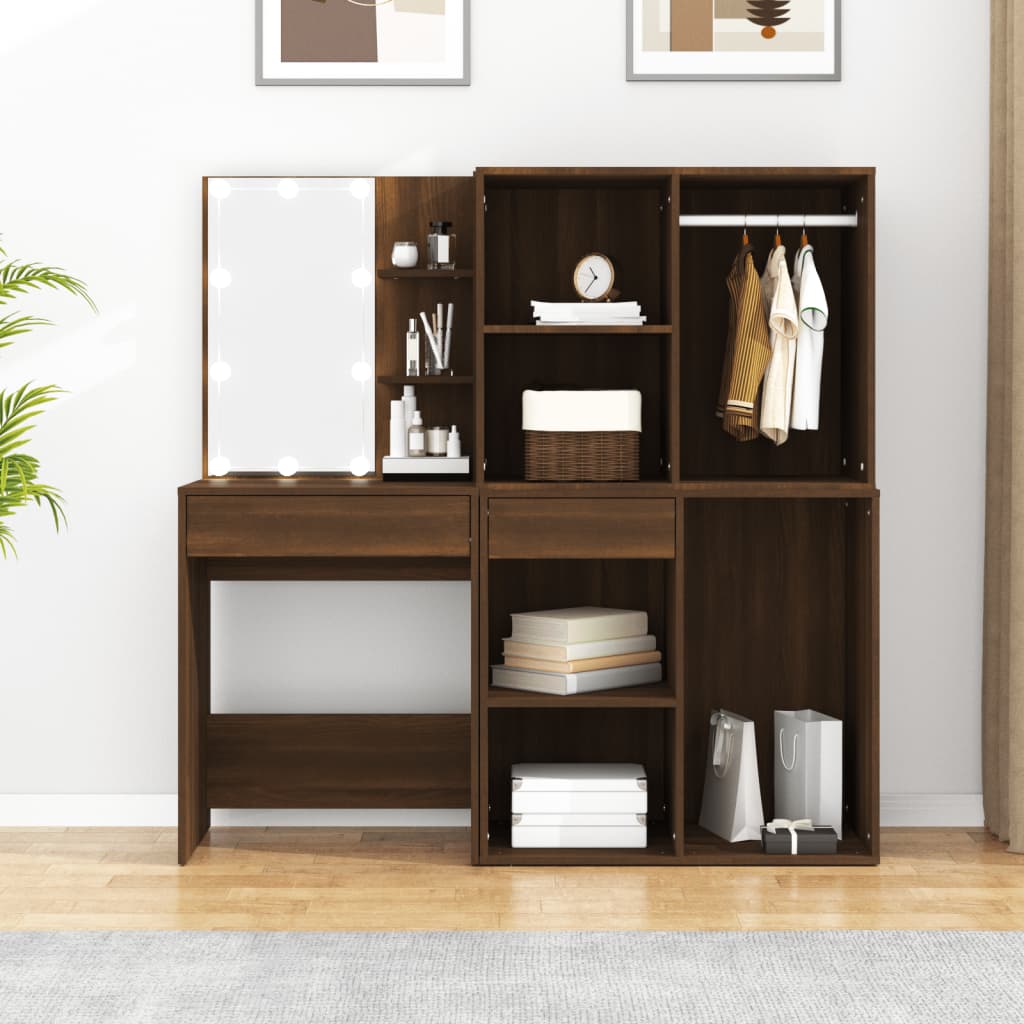 Kaptafel met kastjes LED bewerkt hout bruin eikenkleur is nu te koop bij PeponiXL, paradijselijk wonen!
