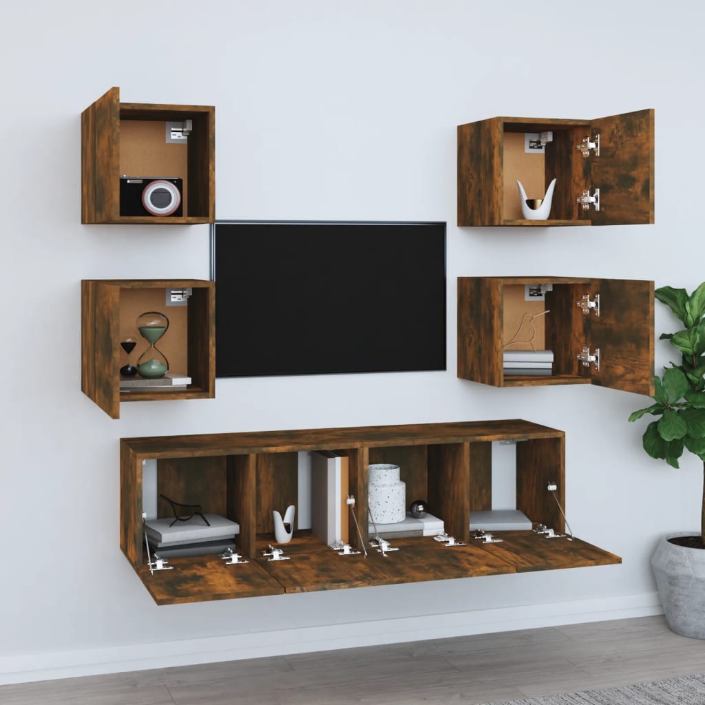 6-delige Tv-meubelset bewerkt hout gerookt eikenkleurig is nu te koop bij PeponiXL, paradijselijk wonen!