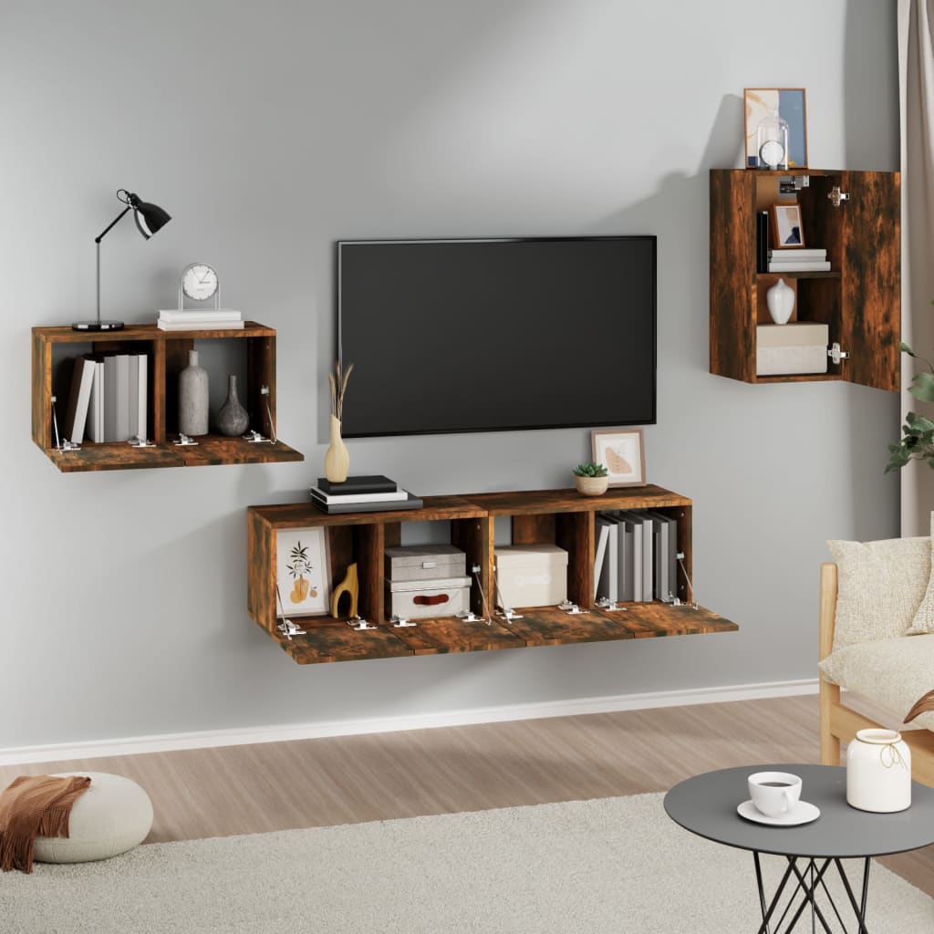 4-delige Tv-meubelset bewerkt hout gerookt eikenkleurig is nu te koop bij PeponiXL, paradijselijk wonen!