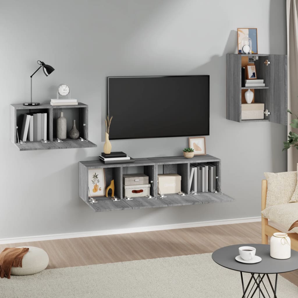 4-delige Tv-meubelset bewerkt hout grijs sonoma eikenkleurig is nu te koop bij PeponiXL, paradijselijk wonen!