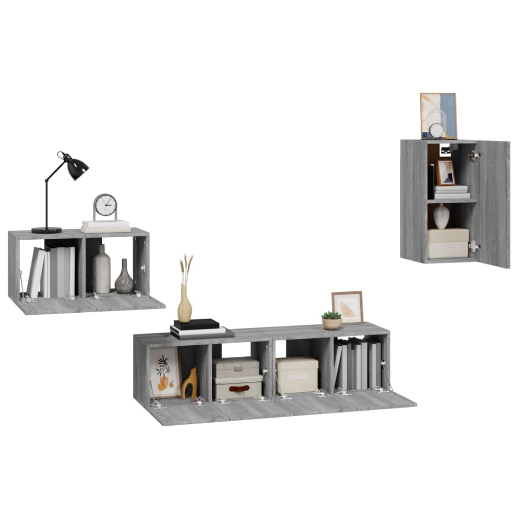 4-delige Tv-meubelset bewerkt hout grijs sonoma eikenkleurig is nu te koop bij PeponiXL, paradijselijk wonen!