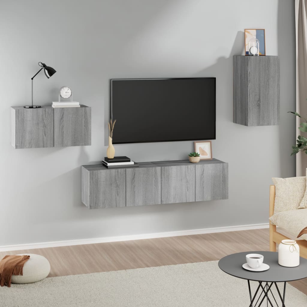 4-delige Tv-meubelset bewerkt hout grijs sonoma eikenkleurig is nu te koop bij PeponiXL, paradijselijk wonen!