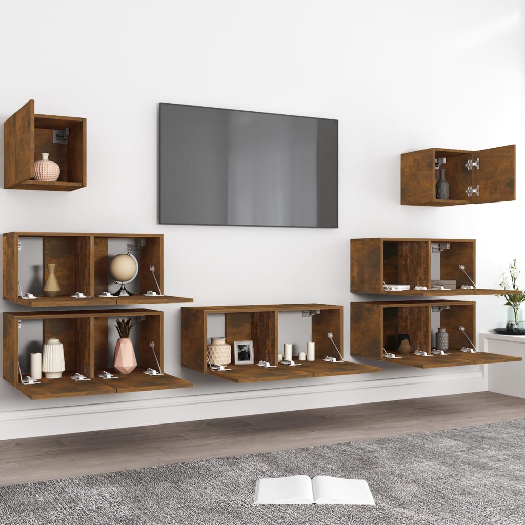 7-delige Tv-meubelset bewerkt hout gerookt eikenkleurig is nu te koop bij PeponiXL, paradijselijk wonen!