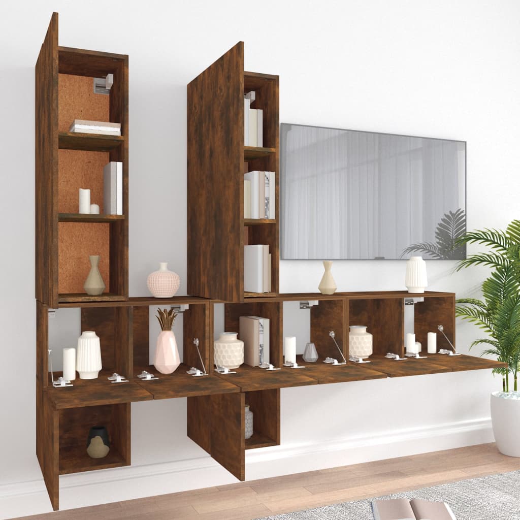 7-delige Tv-meubelset bewerkt hout gerookt eikenkleurig is nu te koop bij PeponiXL, paradijselijk wonen!