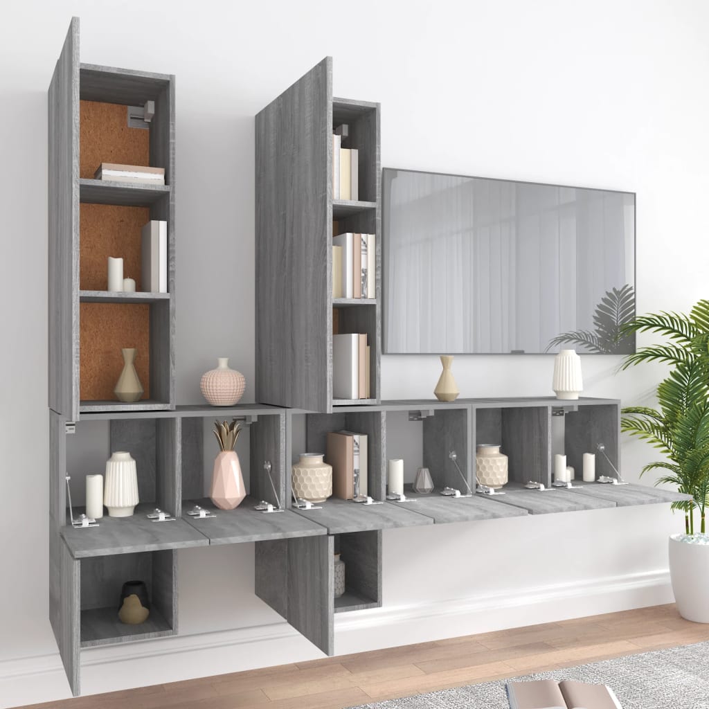 7-delige Tv-meubelset bewerkt hout grijs sonoma eikenkleurig is nu te koop bij PeponiXL, paradijselijk wonen!