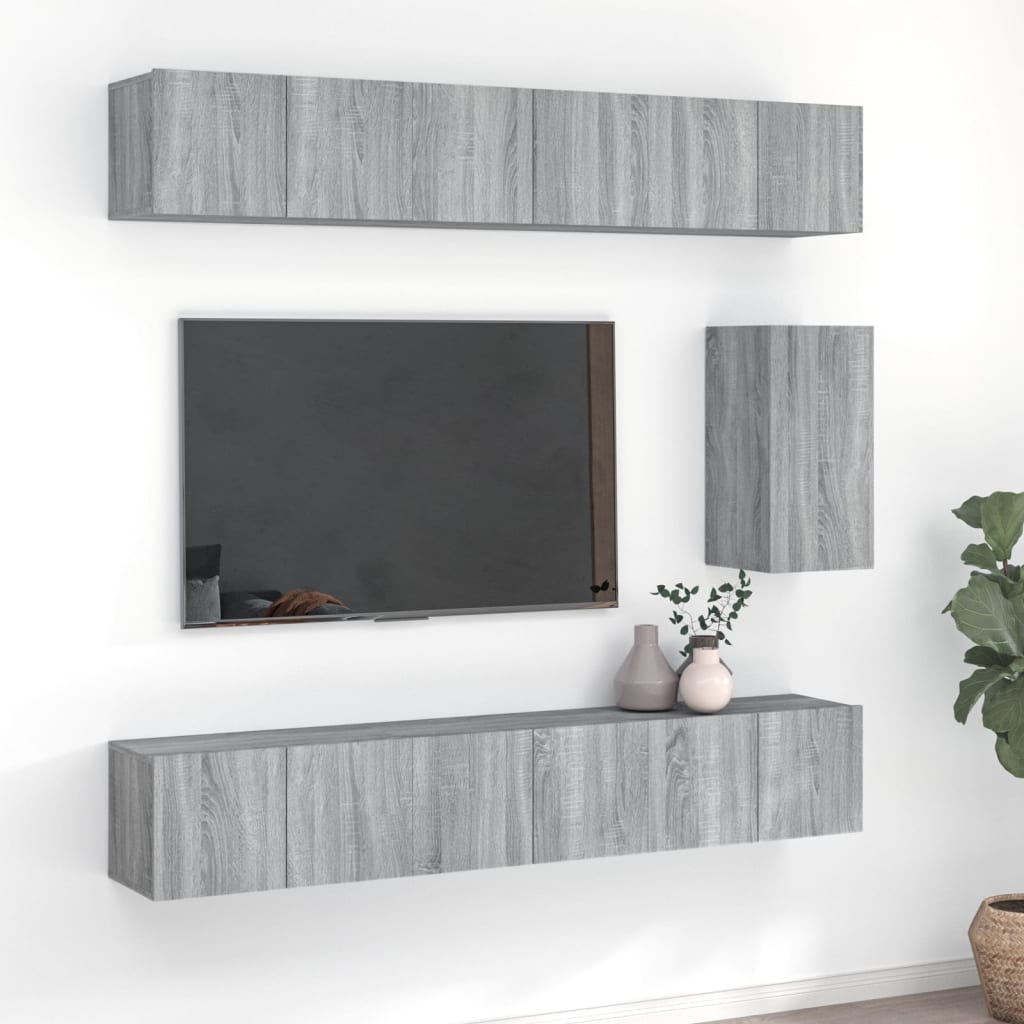 7-delige Tv-meubelset bewerkt hout grijs sonoma eikenkleurig is nu te koop bij PeponiXL, paradijselijk wonen!