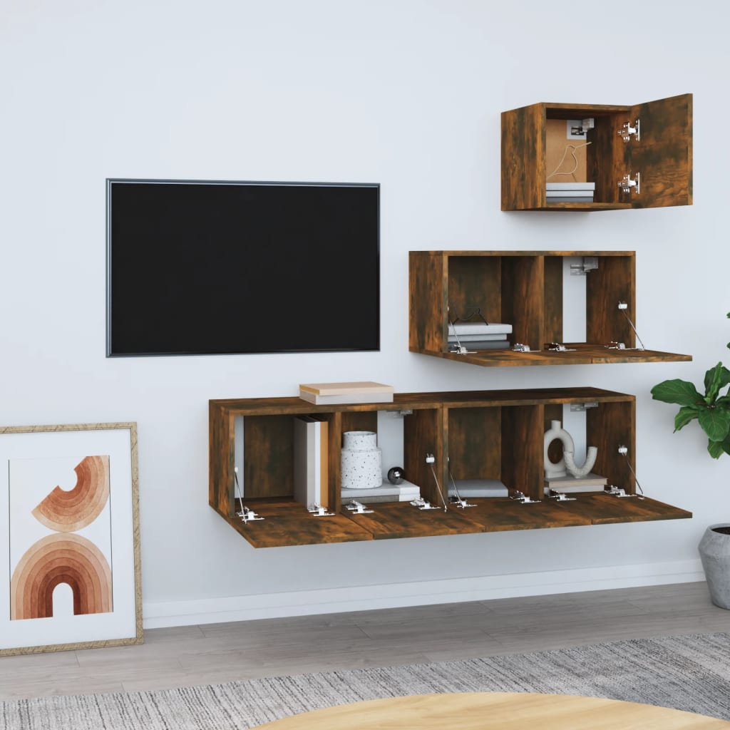 4-delige Tv-meubelset bewerkt hout gerookt eikenkleurig is nu te koop bij PeponiXL, paradijselijk wonen!