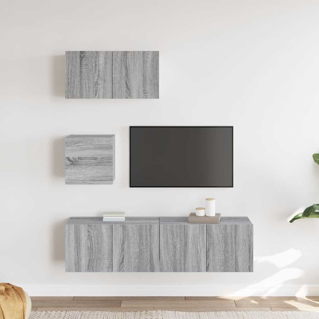 4-delige Tv-meubelset bewerkt hout grijs sonoma eikenkleurig is nu te koop bij PeponiXL, paradijselijk wonen!