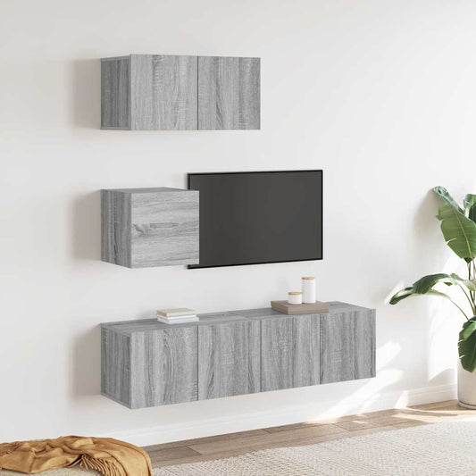 4-delige Tv-meubelset bewerkt hout grijs sonoma eikenkleurig is nu te koop bij PeponiXL, paradijselijk wonen!
