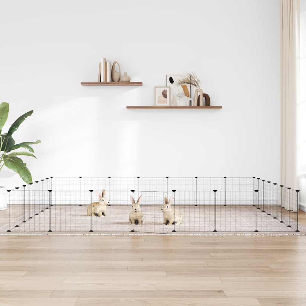 Huisdierenkooi met deur 28 panelen 35x35 cm staal zwart is nu te koop bij PeponiXL, paradijselijk wonen!