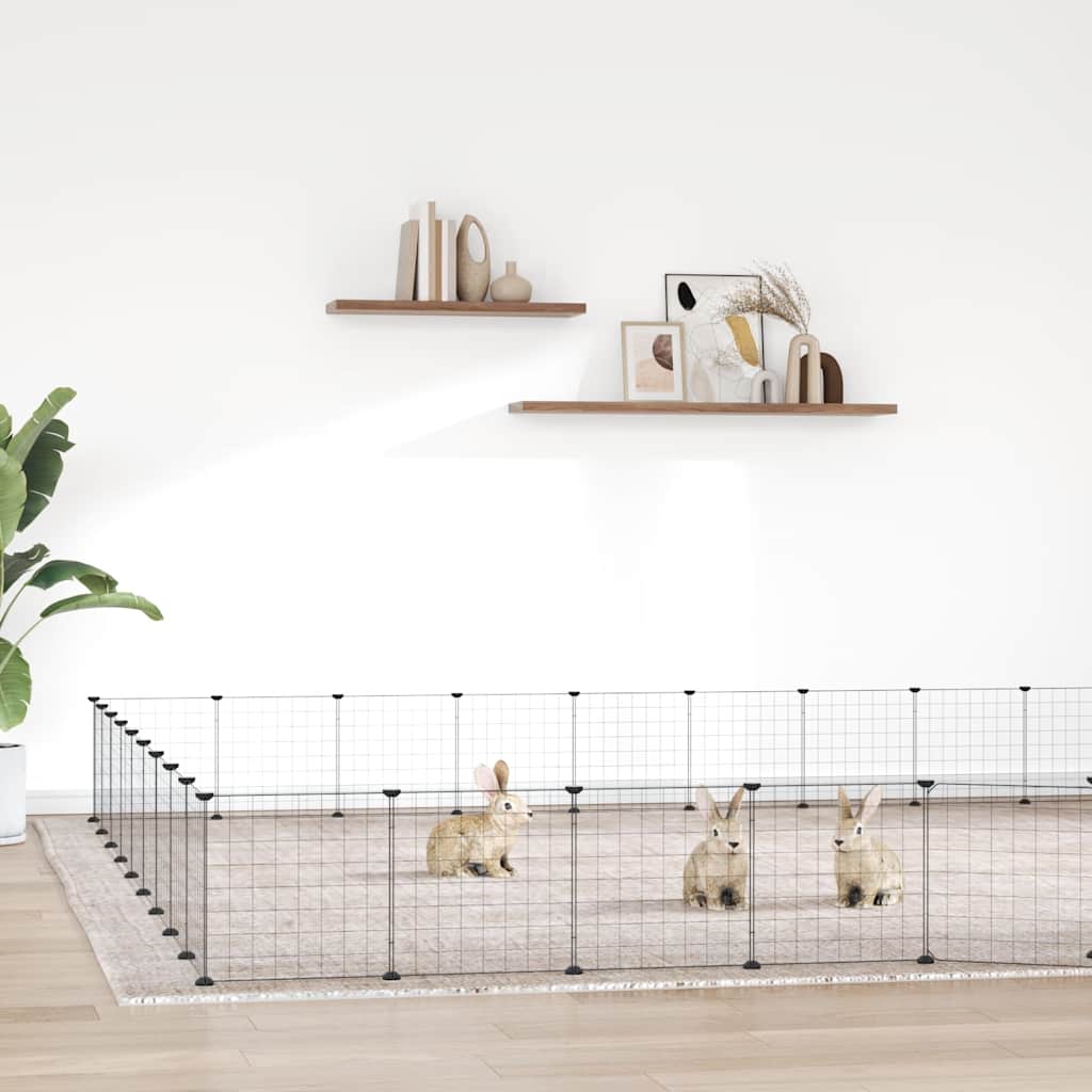 Huisdierenkooi met deur 36 panelen 35x35 cm staal zwart is nu te koop bij PeponiXL, paradijselijk wonen!