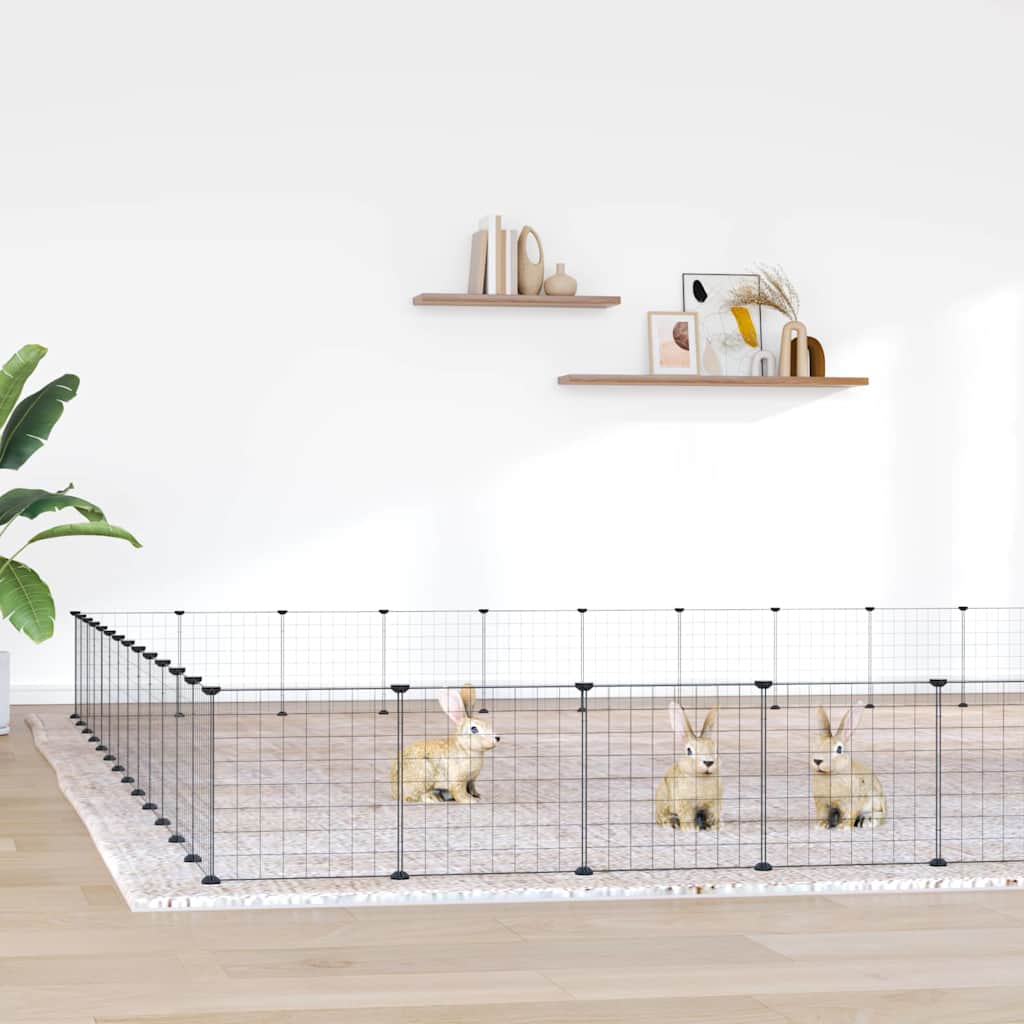 Huisdierenkooi met deur 52 panelen 35x35 cm staal zwart is nu te koop bij PeponiXL, paradijselijk wonen!