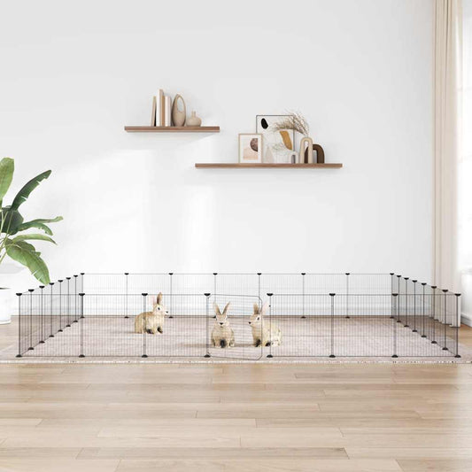 Huisdierenkooi met deur 28 panelen 35x35 cm staal zwart is nu te koop bij PeponiXL, paradijselijk wonen!