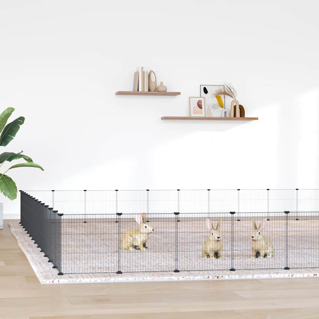 Huisdierenkooi met deur 52 panelen 35x35 cm staal zwart is nu te koop bij PeponiXL, paradijselijk wonen!